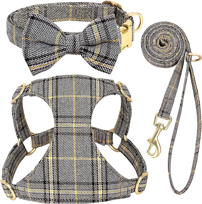 Beirui Cute Small Dog Harness Collar and Leash Set with Bowtie, Soft Adjustable Plaid Puppy Harness for Small Sized Dogs Cats Walks Parties and Photoshoots(Gray,S:Chest 17-23")
