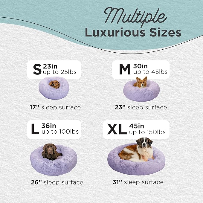 Best Friends by Sheri Original Calming Donut Dog and Cat Bed, Shag Faux Fur, Lavender, (23in x 23in) - Anxiety Relief for Pets Up to 25 lbs