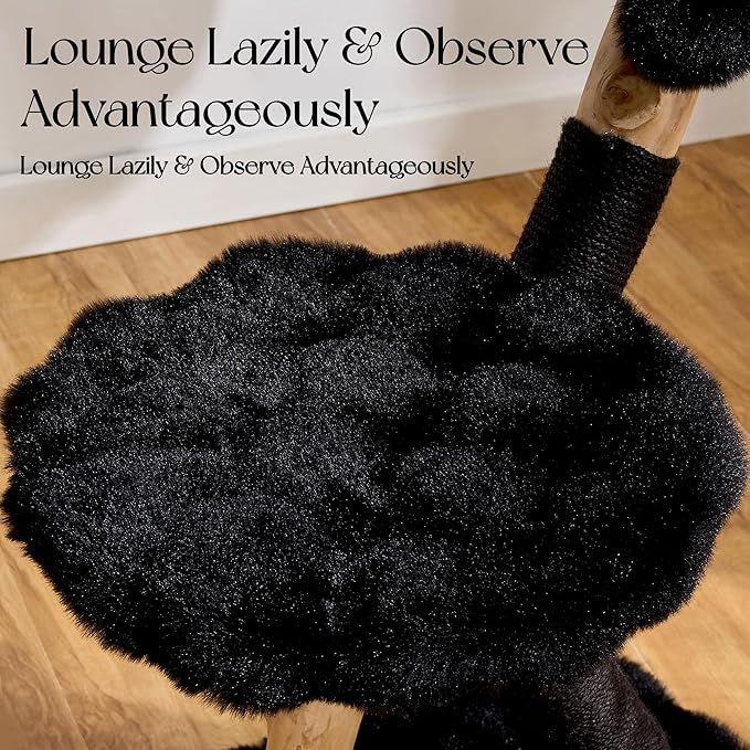 Solid Wood Cat Tree, Modern Cat Tree Tower for Large Indoor Cats, Natural Real Pear Wooden Aesthetic Cat Condo with Scratching Post for Adult Kittens-Black