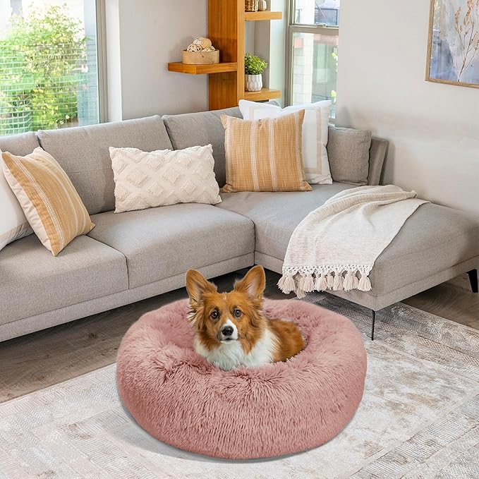 Best Friends by Sheri Original Calming Donut Dog and Cat Bed, Shag Faux Fur, Dusty Rose, (30in x 30in) - Anxiety Relief for Pets Up to 45 lbs