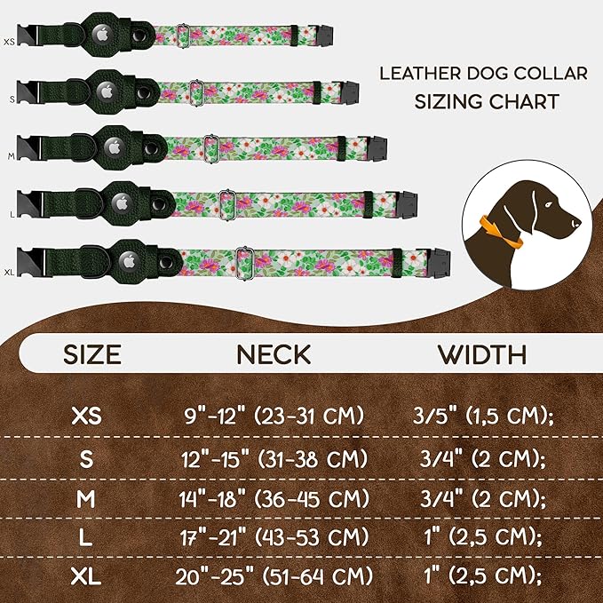 AirTag Dog Collar with Metal Buckle - Printed Nylon Soft Leather Dog Collar with Apple AirTag Holder - Secure Tracking GPS Pet Collars for Girl Boy Small Large Dogs (L, 17"-21" Neck Fit, Floral)