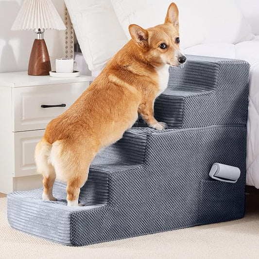 HYLEORY Dog Stairs for Bed 22.5''H, 5-Step Pet Stairs for Small Dogs & Cats, Sturdy Pet Steps with Non-Slip Bottom, Functional Portable Dog Ramp for Couch/Chair/Sofa/Car, with Storage Pocket, Grey