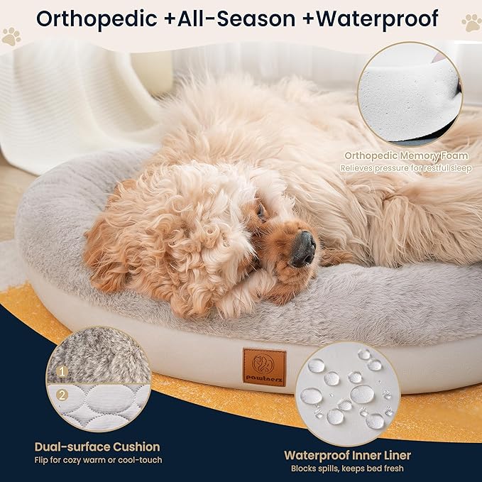 Round Donut Dog Bed – Luxury Orthopedic Dog Beds with Memory Foam – Calming Bolster Pet Bed, Water-Resistant, Washable Plush Cover, Premium Zipper – Small, Medium Dogs & Cats (25 Inches)