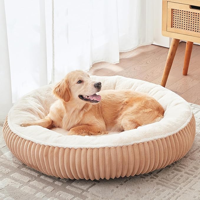 36 inches Donut Dog Bed for Large Dogs - Calming Round Pet Bed with Removable Cover,Washable Milk Plush Faux Fur, Fits Pets up to 80 lbs(Brown,Large)