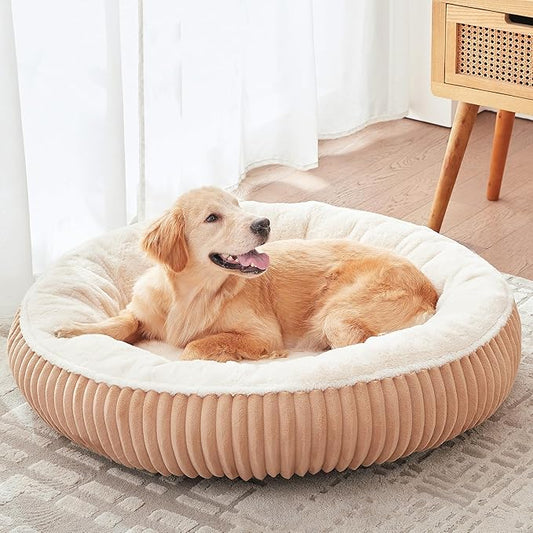 36 inches Donut Dog Bed for Large Dogs - Calming Round Pet Bed with Removable Cover,Washable Milk Plush Faux Fur, Fits Pets up to 80 lbs(Brown,Large)