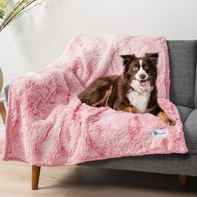PetAmi Waterproof Dog Blanket for Large Dog, Queen Size Calming Pet Blanket Couch Cover Protector, Sherpa Faux Fur Cat Throw for Sofa Furniture Bed, Soft Fluffy XL, 90x90 Tie-Dye Pink
