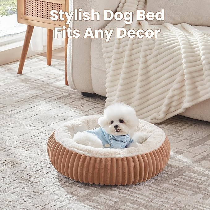 23 inches Donut Dog Bed for Small Dogs - Calming Round Puppy Bed with Removable Cover, Washable Milk Plush Faux Fur Pet Bed for Cats, Fits Pets up to 15 lbs(Brown,Small)