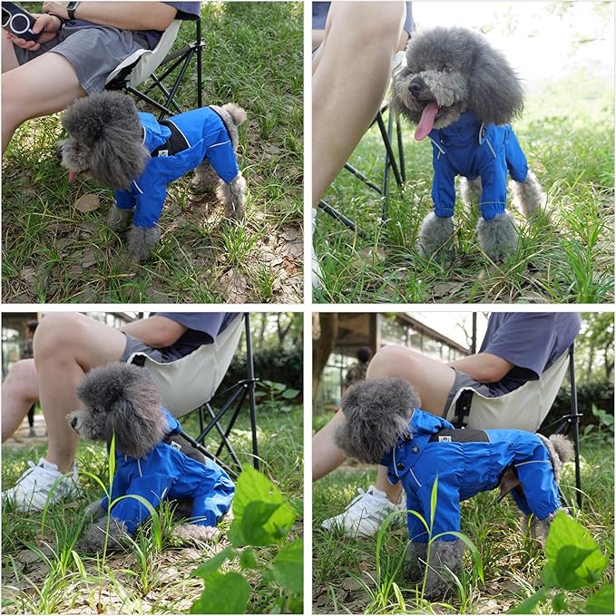 LOVELONGLONG Waterproof Dog Raincoat with Removable Hood – Outdoor Full Body Dog Jacket, Windproof Snowproof Shell Suit – All Season Pet Rain Gear Blue S+