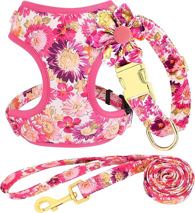 Beirui Cute Girl Dog Collars, Harnesses & Leashes Set - Adjustable Dog Collar and Leash Set with Flower - Soft Mesh Dog Vest Harness for Puppies Small Medium Dogs (Pink-2,S)