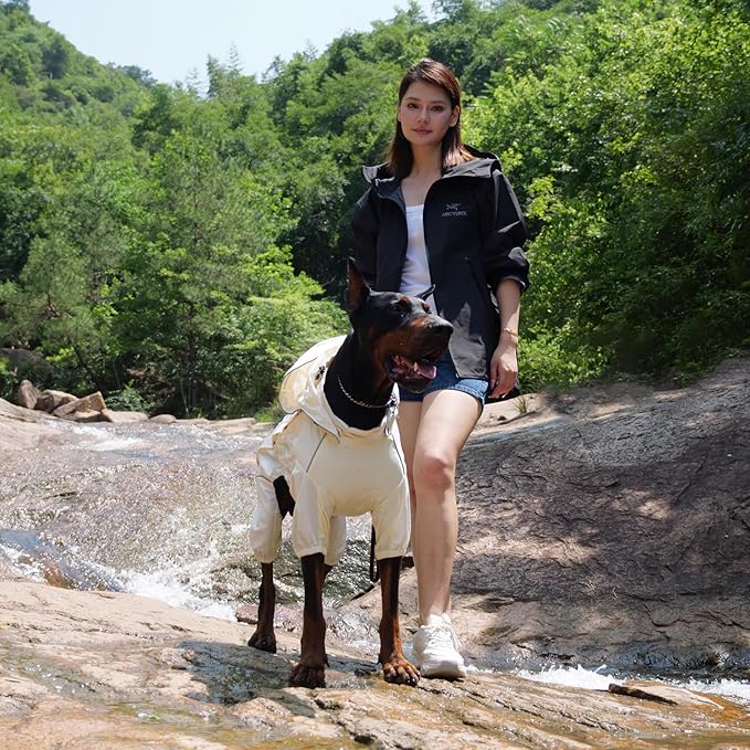 LOVELONGLONG Waterproof Dog Raincoat with Removable Hood – Outdoor Full Body Dog Jacket, Windproof Snowproof Shell Suit – All Season Pet Rain Gear Ivory M