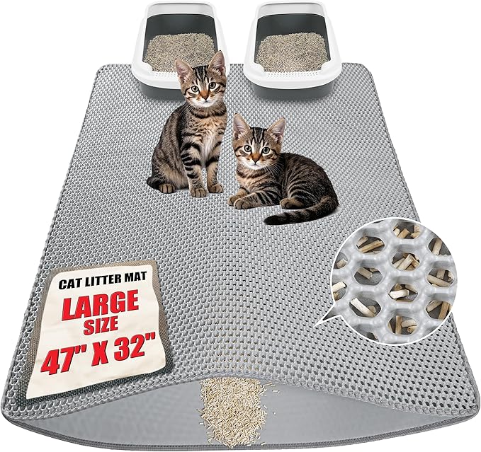 Large cat Litter mat, Jumbo Size (47" x 32") Gray, Double Layer, Waterproof, Odor-Free, Easy to Clean