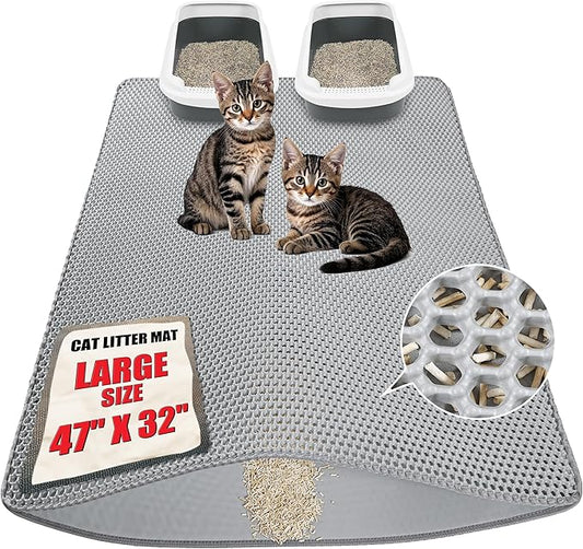 Large cat Litter mat, Jumbo Size (47" x 32") Gray, Double Layer, Waterproof, Odor-Free, Easy to Clean