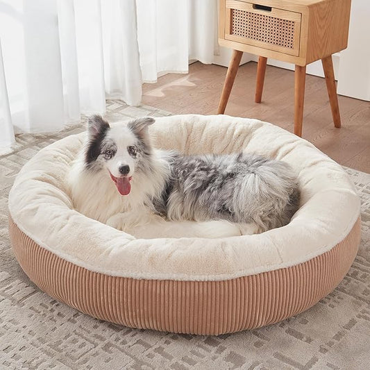 45 inches Donut Dog Bed for Extra Large Dogs,Calming Round Pet Bed with Removable & Washable Cover, Plush Faux Fur & Corduroy, Fits up to 100 lbs Pets(Brown,XL)