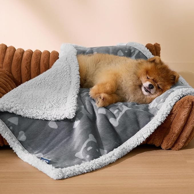 Bedsure Waterproof Dog Blankets for Small Dogs - Soft Print Sherpa Fleece Puppy Cat Blanket Washable, Cozy Plush Reversible Throw Furniture Protector for Pet Kitten Doggy, 25"X35", Smokey Grey