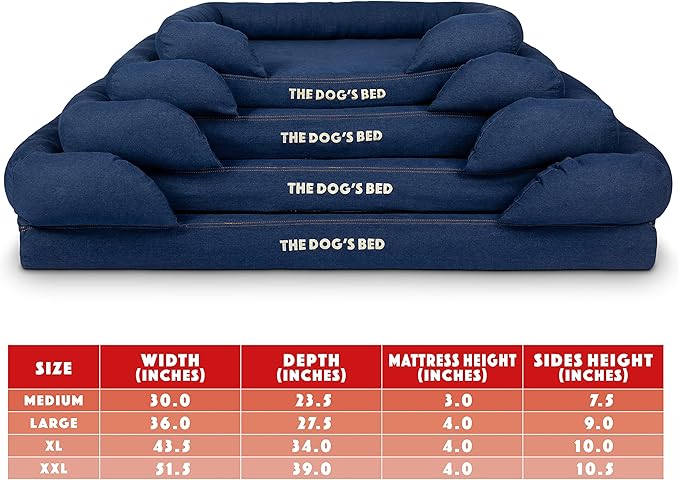 The Dog’s Bed, Med Blue Denim, Memory Foam, Pain Relief: Arthritis, Hip & Elbow Dysplasia, Post Surgery, Lameness, Supportive, Calming, Waterproof Washable Cover, Veterinary Approved