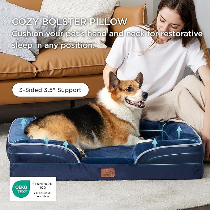 Bedsure Orthopedic Dog Beds Large Sized Dog - Washable Large Dog Cat Bed Waterproof, Comfort Dogs Couch Sofa with Washable Removable Cover, Pet Bed with Nonskid Bottom, Blue Navy, 35"