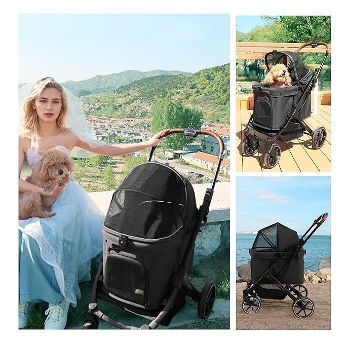 pet Stroller, Suitable for Small and Medium-Sized Dogs, Advanced Four-Wheel Suspension, Detachable Handbag, Lightweight Aluminum Frame, one Click Folding, Suitable for Outdoor Travel - Black