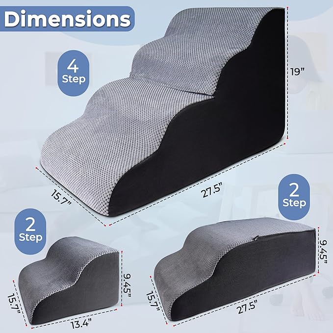 4 Steps Pet Stairs for Small Dogs, 19” High Curved Dog Stairs for Bed with Non-Slip Base, High-Density Foam, and Removable Washable Cover