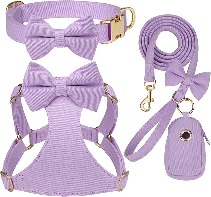 Beirui Adorable Small Dog Harness Collar Leash Set,Cute Puppy Harness with 3 Bows for XS Dogs,Yorkie,Adjustable Step-in Vest for Walking,Parties&Holiday Outfits(Purple,XS)