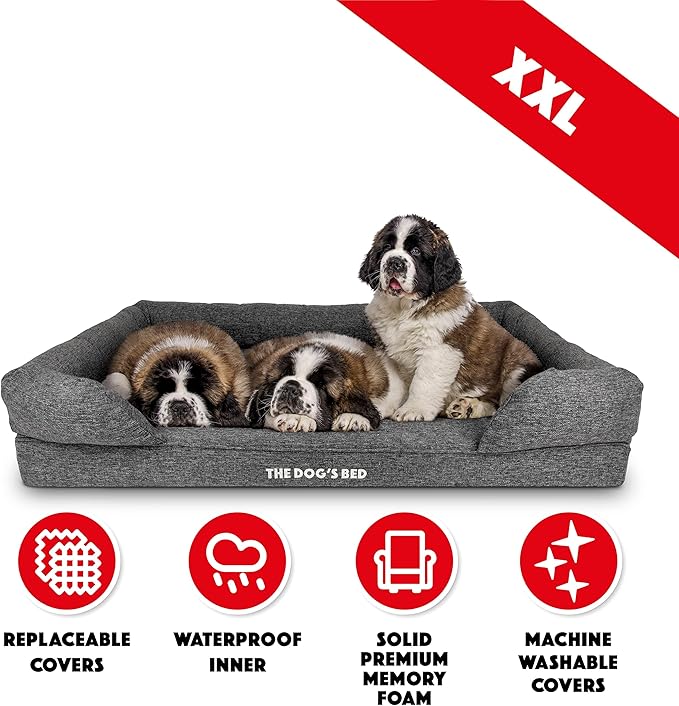 The Dog’s Bed, XXL Grey Fur Memory Foam, Pain Relief: Arthritis, Hip & Elbow Dysplasia, Post Surgery, Lameness, Supportive, Calming, Waterproof, Washable Cover, Veterinary Approved
