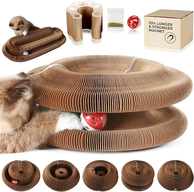 Magic Organ Cat Scratcher Board Toy with Bell Ball and Catnip - Longer, Stretchier Accordion Cardboard Scratching Pad with 4 Strong Magnets - Interactive Fun and Enrichment for Indoor Cats