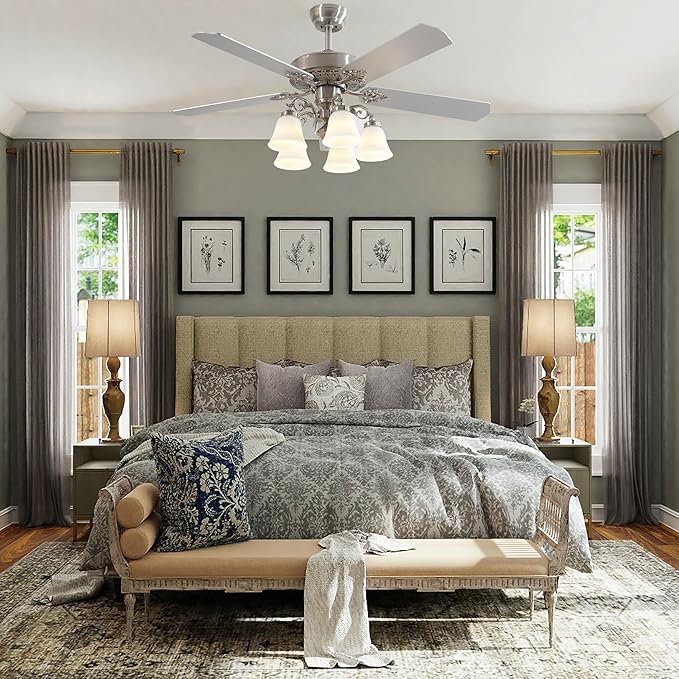 FINXIN Indoor Ceiling Fan Light Fixtures LED 52 Ceiling Fans for Bedroom,Living Room,Dining Room Including Motor,Light,3/5-Blades,Remote Switch (Brushed Nickel)