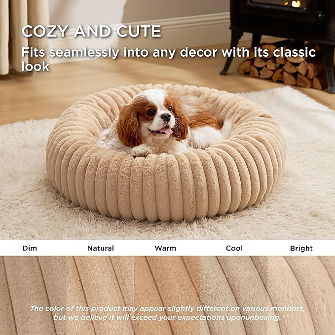 Bedsure Medium Dog Bed - Washable Faux Fur with Corduroy Fleece & Anti Slip Bottom, Round Pet Bed with Removable Cover, Sandy Beige, 30x30x8 inches