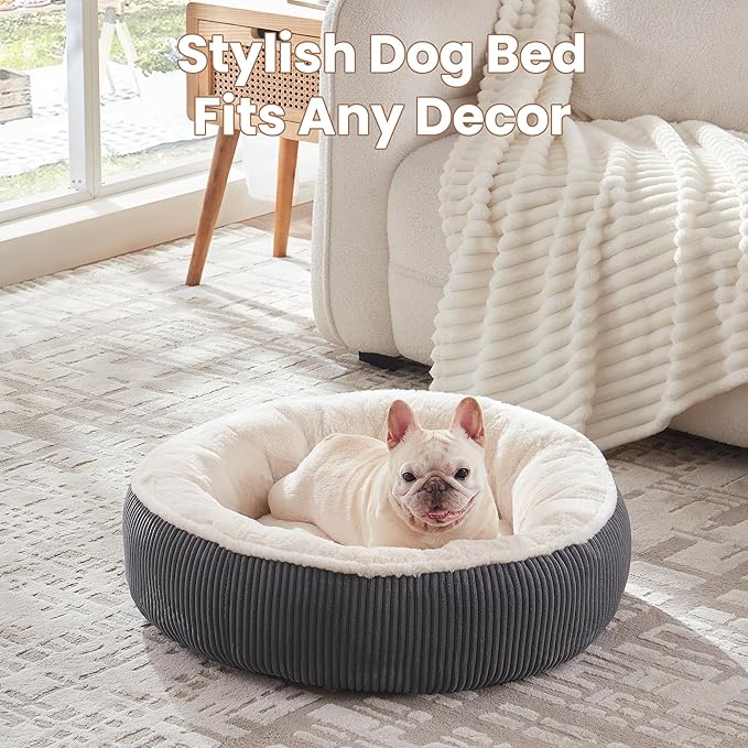 30 inches Donut Dog Bed for Medium Dogs,Calming Round Pet Bed with Removable & Washable Cover,Plush Faux Fur & Corduroy, Fits up to 30 lbs Pets(Dark Grey,Medium)