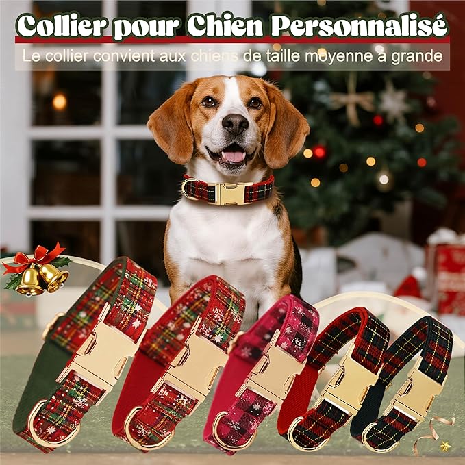 Christmas Personalized Dog Collar with Metal Buckle, Christmas Collar Customized with Name and Phone Number, Adjustable Sizes for Small Dogs, Medium, and Large