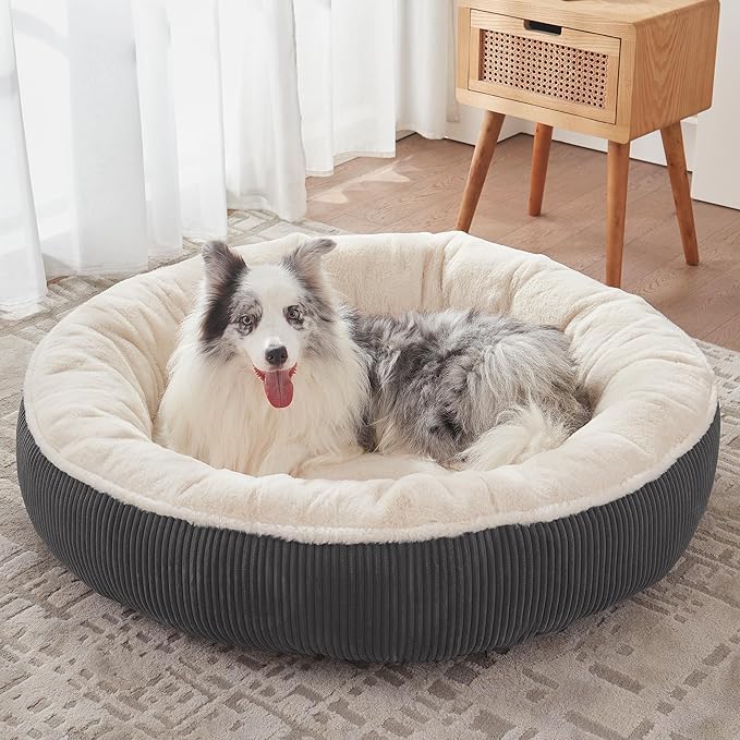 45 inches Donut Dog Bed for Extra Large Dogs,Calming Round Pet Bed with Removable & Washable Cover, Plush Faux Fur & Corduroy, Fits up to 100 lbs Pets(Dark Grey,XL)