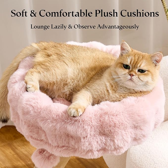 Solid Wood Cat Tree, Modern Cat Tree Tower for Large Indoor Cats, Natural Real Pear Wooden Aesthetic Cat Condo with Scratching Post for Adult Kittens-Pink