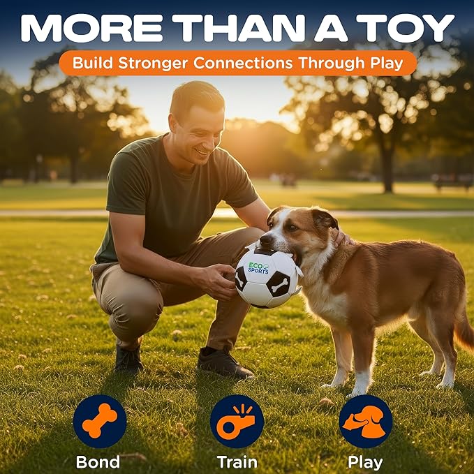 Eco Sports Dog Soccer Ball with Straps – Interactive Durable Dog Soccer Ball with Cotton Grab Tabs for Fetch Training and Outdoor Play, Pet Birthday Gift