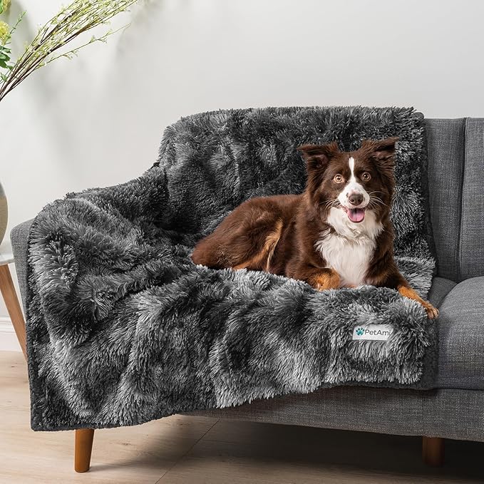 PetAmi Waterproof Dog Blanket for Large Dog, Queen Size Calming Pet Blanket Couch Cover Protector, Sherpa Faux Fur Cat Throw for Sofa Furniture Bed, Soft Fluffy XL, 90x90 Tie-Dye Black