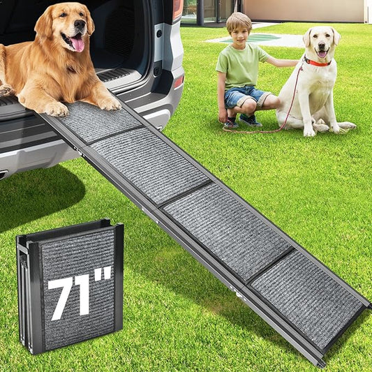 Dog Ramp for Car, 71''x 17.3'' Extra Long Dog Ramp for Truck with Non-Slip Rug Surface, Portable and Folding Dog Car Ramp for SUV & Car, Outdoor Pet Ramp for Large Dogs Up to 250 LBS