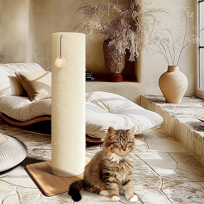 KAMABOKO 29.5" Cat Scratching Post, 7.5" Ultra-Large Diameter Natural Sisal Cat Scratch Post, Scratch-Resistant Tall Cat Scratcher for Indoor Cats, Protect Your Furniture, Beige, Pack of 2