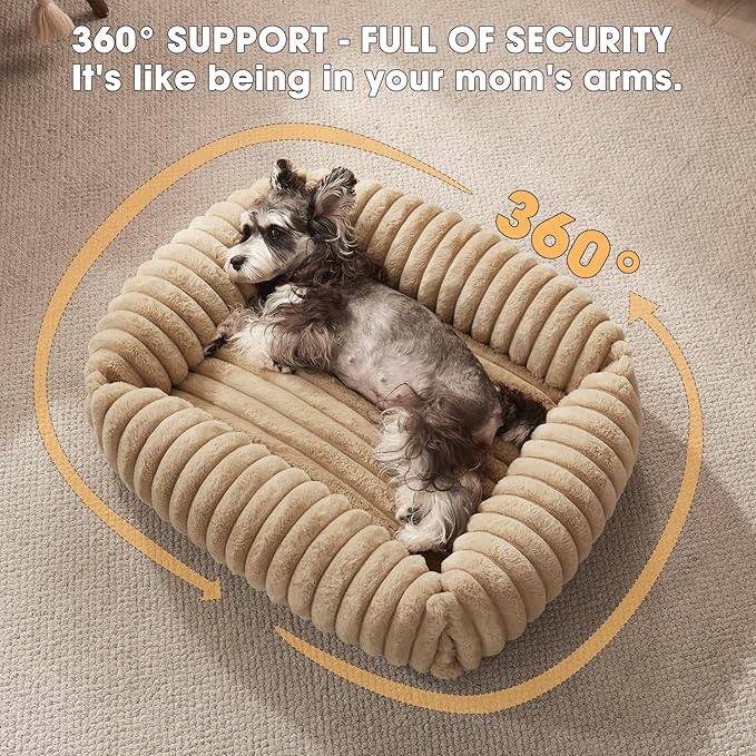 FURTIME Dog Bed for Small Medium Dog, Washable Orthopedic Pet Bed with Removable Cover, Rectangle Soft Calming Sleeping Puppy Bed Durable Pet Cuddler with Anti-Slip Bottom, Beige, M (25"x21"x7")