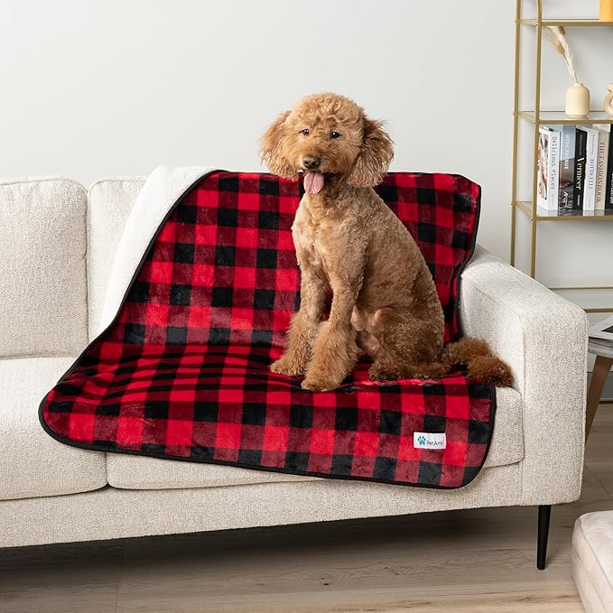 PetAmi Waterproof Dog Blanket Sherpa Fleece, Pet for Medium Large Dogs, Reversible Cat Throw Bed Couch Sofa Furniture Protector, Soft Plush Microfiber (Queen 90x90, Checker Red) Checkered Red