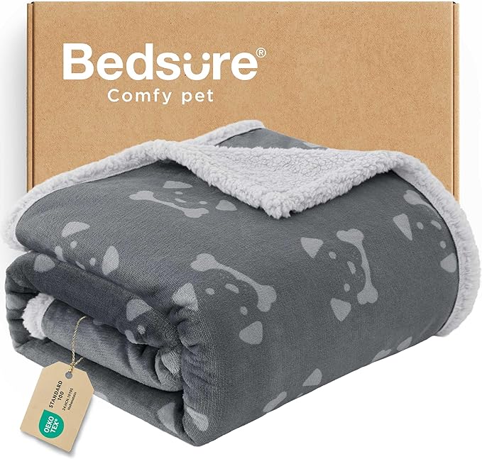 Bedsure Waterproof Dog Blankets for Medium Dogs Washable - Soft Print Sherpa Fleece Puppy Cat Blanket, Cozy Plush Reversible Throw Furniture Protector for Pet Kitten Doggy, 30"X40", Smokey Grey