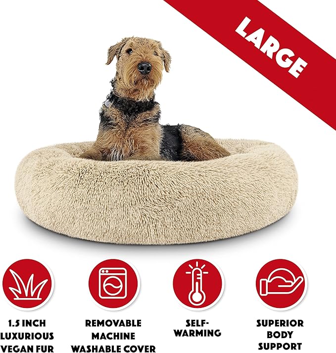 The Dog’s Bed Sound Sleep Donut Dog Bed, Large Dog Beige Fur Calming Nest Bed, Veterinary Approved