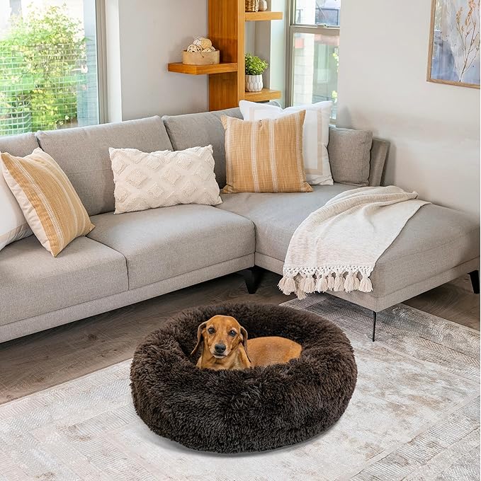 Best Friends by Sheri The Original Calming Donut Dog Bed – Washable Plush Pet Bed for Cats & Small Dogs up to 25 lbs, Shag Faux Fur, Dark Chocolate, Small (23" x 23")