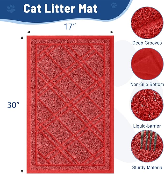 Smiry Cat Litter Box Mat 30x17, Non-Slip Water Resistant Litter Trapping Mat, Easy Clean Less Waste and Urine-Locking Cat Carpet for Indoor, Red
