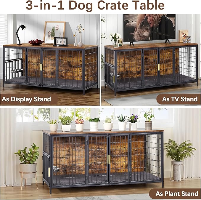 VECELO Dog Crate Furniture for Medium/Large Dogs, Wooden Dog Cage with Cushion, Double Door, Dog Kennel End Table, Brown