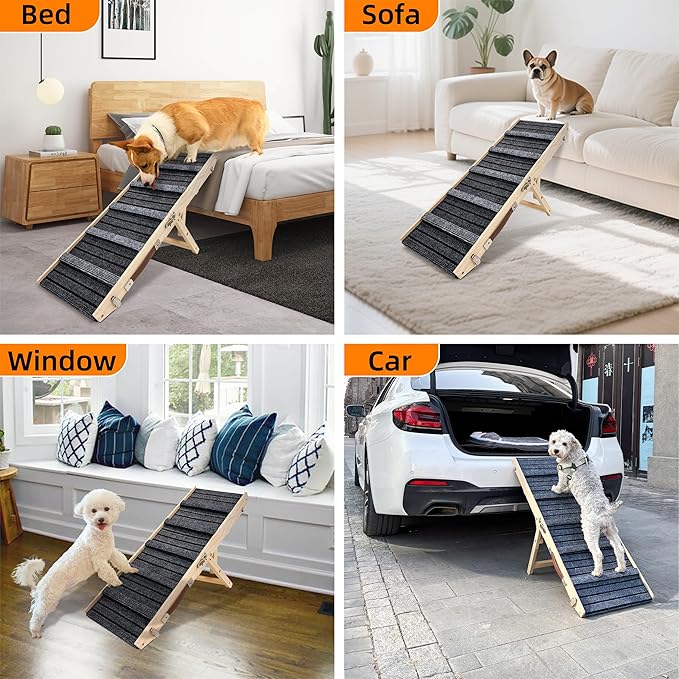 Dog Ramp for Bed-Non-Slip - Extra Wide Pet Ramp for Small Large Dogs to Get on Couch Car Wooden Foldable Dog Ramp Seamlessly Connects Platform -Hold up to 110 Pound-Adjustable, Foldable (S)