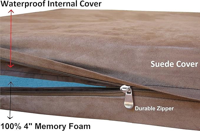 Dogbed4less Orthopedic Waterproof Durable Gel Cool Memory Foam Dog Bed for Large Dogs, Microsuede in Brown Color, Jumbo 55X47X4 Inches