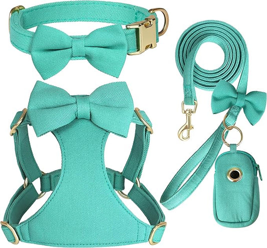 Beirui Cute Small Dog Harness Set with Three Detachable Bows, Adjustable Step in Dog Harness Collar and Leash Set with Secure Metal Buckle for Daily Walking, Parties & Holiday Outfits(Teal,S)