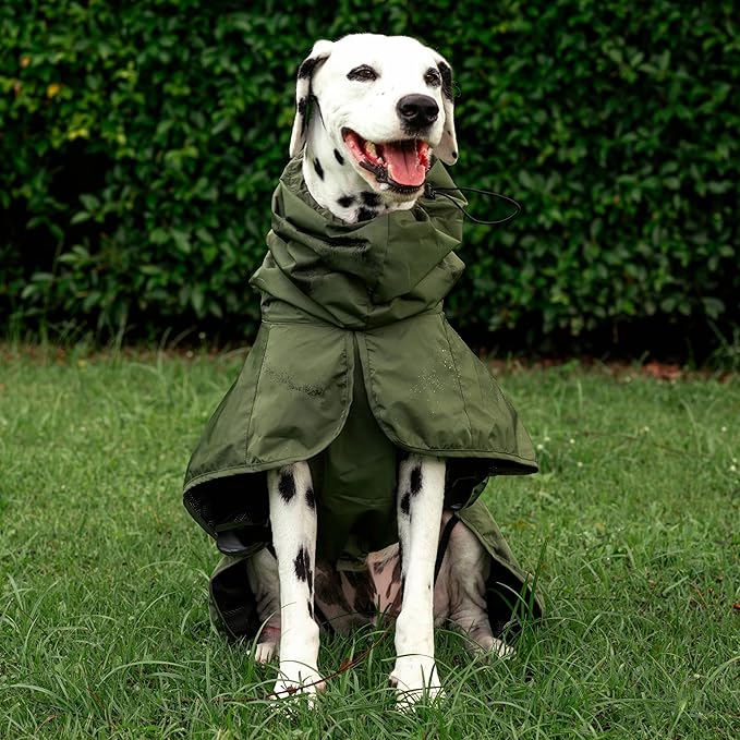 Tuff Pupper Waterproof Dog Raincoat | Full-Body Windproof Rain Jacket for Dogs | Reflective Strips | Breathable Mesh Lining | Adjustable Fit | Leash Port | Small Medium Large XL XXL Dogs (Olive, L)