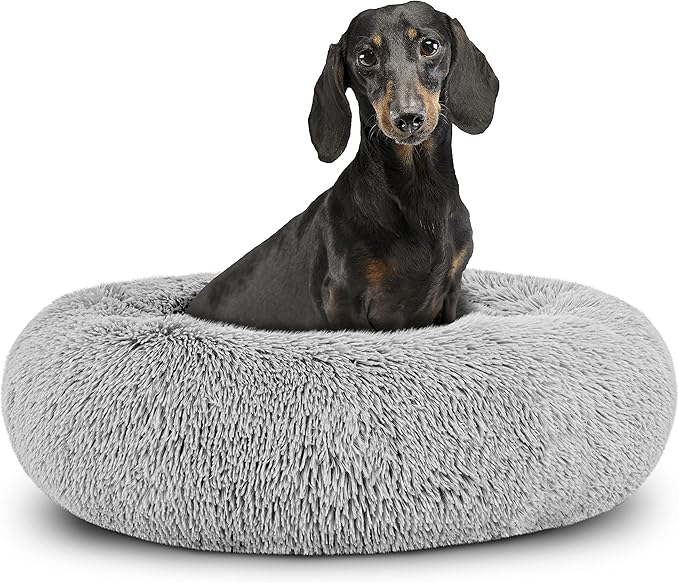 The Dog’s Bed Sound Sleep Donut Dog Bed, Small Silver Grey Fur Calming Nest Bed, Veterinary Approved