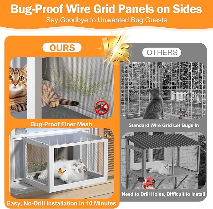 Cat Window Box Catio, Outdoor Indoor Cat Enclosure with Clear Panels, Mesh Sides & PVC Curtain, Universal Window Perch for Windows 25"–43", Window Catio for Sunbathing, Napping & Overlooking,Grey