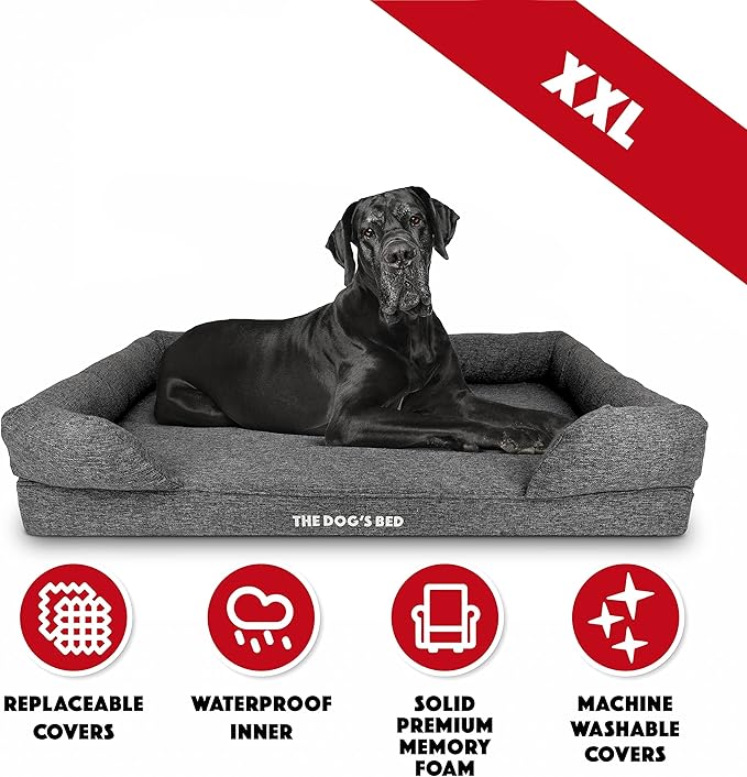 The Dog’s Bed, XXL Grey Fur Memory Foam, Pain Relief: Arthritis, Hip & Elbow Dysplasia, Post Surgery, Lameness, Supportive, Calming, Waterproof, Washable Cover, Veterinary Approved