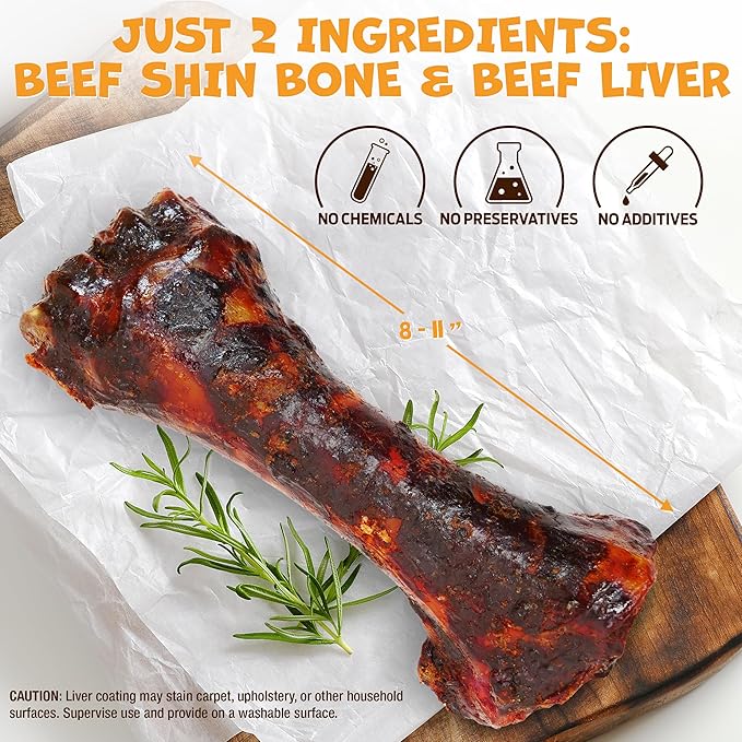 Beef Shin Bones for Dogs - Liver Coated Long Lasting Dog Chews for Aggressive Chewers - Rawhide-Free Big Bones for Large Dogs - Healthy Large Dog Bone (1 Pack)